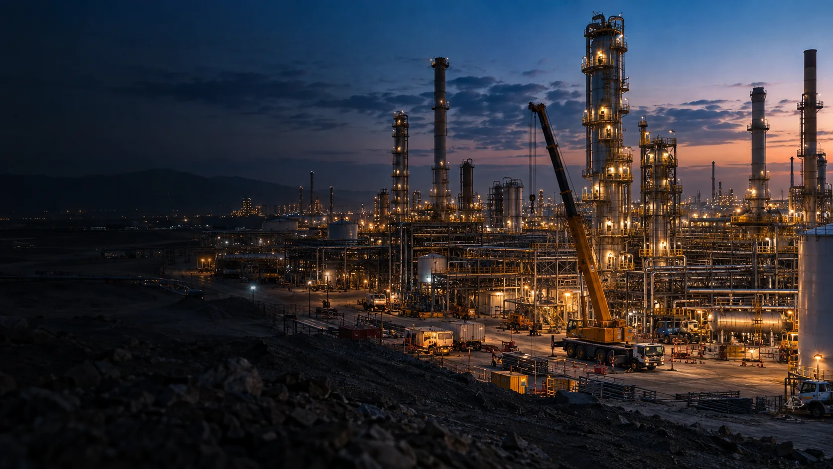Conceptual petrochemical refinery at dusk, illustrating the industry we support